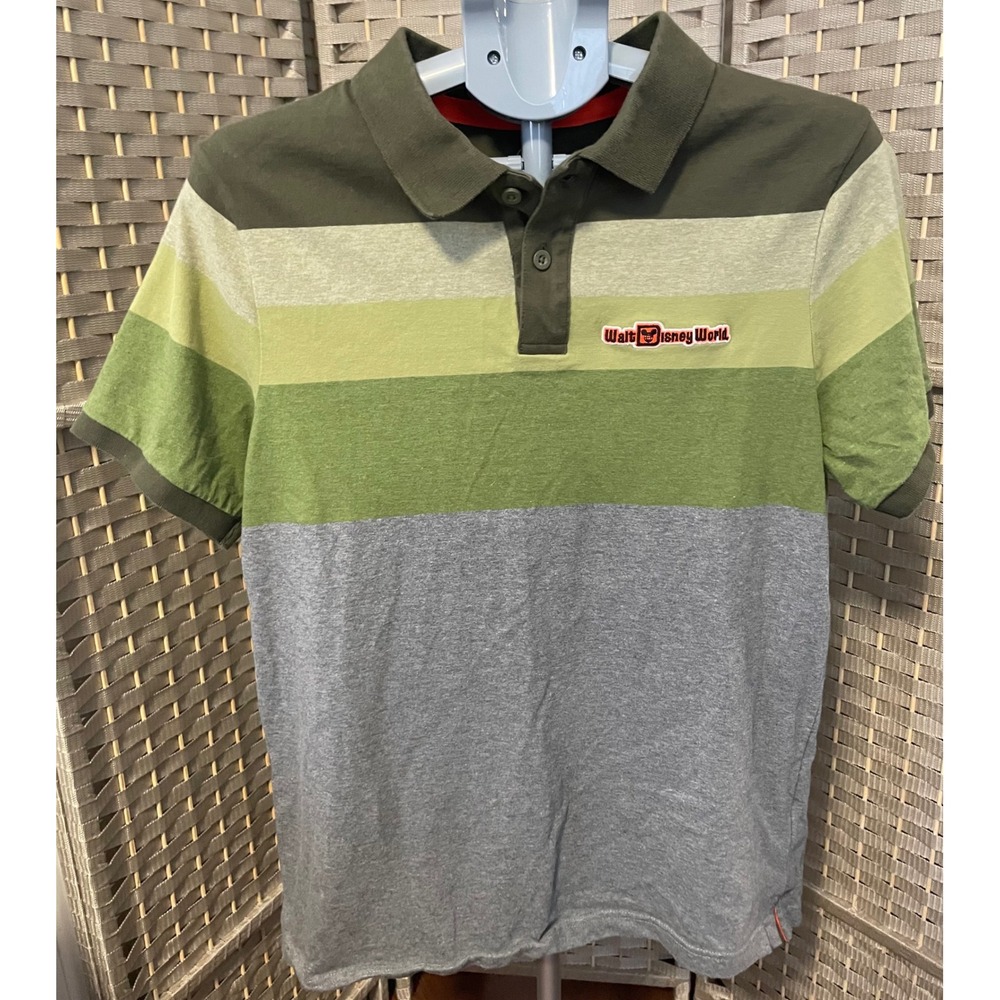 Disney Parks Walt Disney World Mens Medium Polo Shirt Striped Green Gray Mickey